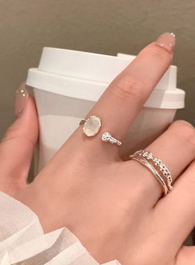 S纯森系气质韩版月光石组合白月光戒指女款设计感高级个潮