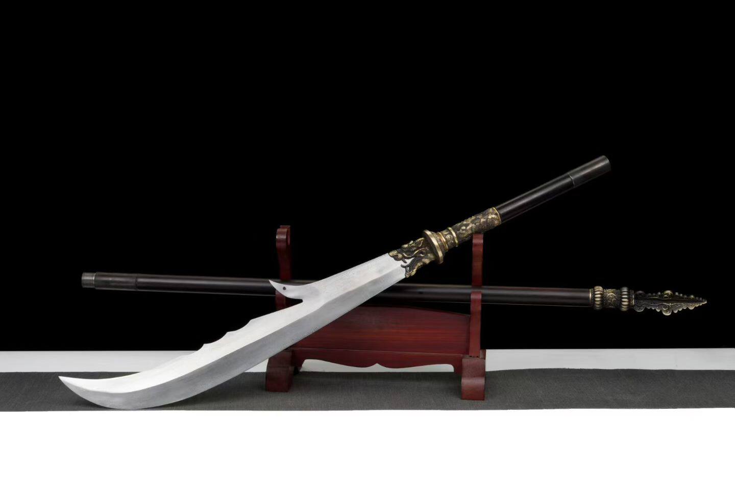 手工锻打花纹钢青龙偃月关公武财神花纹钢冷兵器未开刃