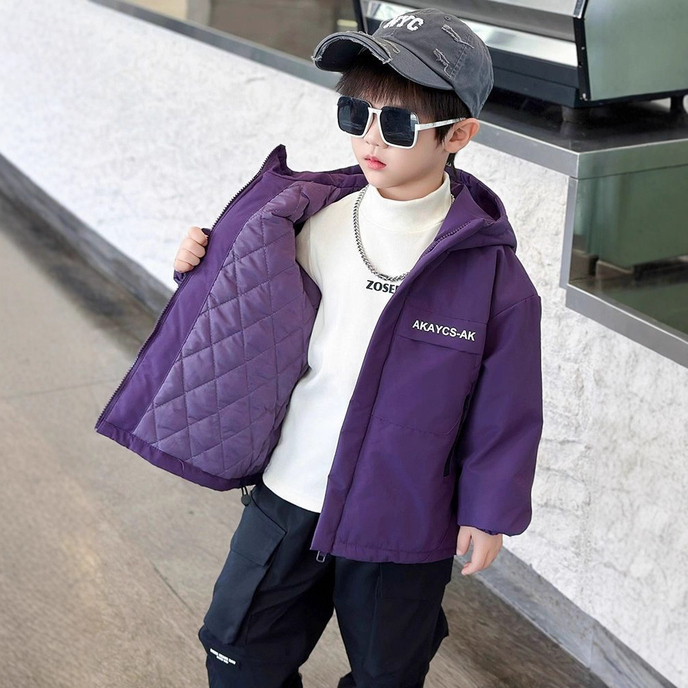 男童冲锋衣夹棉外套加厚2025春秋款小儿童春装连帽二棉服防风