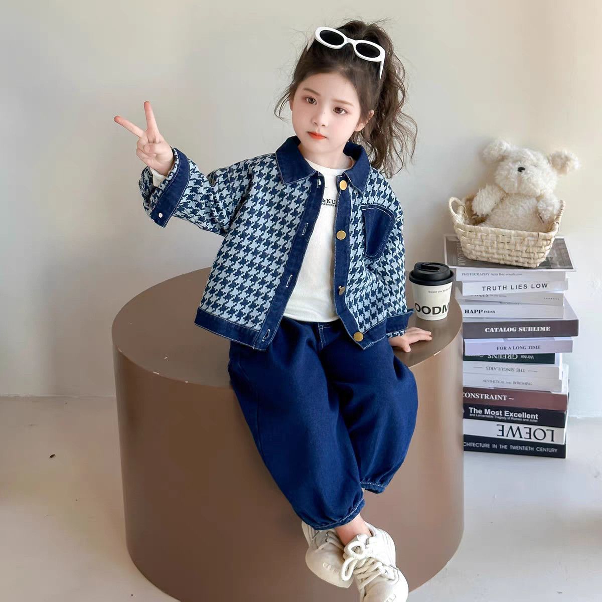 女童牛仔套装秋季新款女宝宝翻领千鸟格外套春秋装女孩洋气两件套