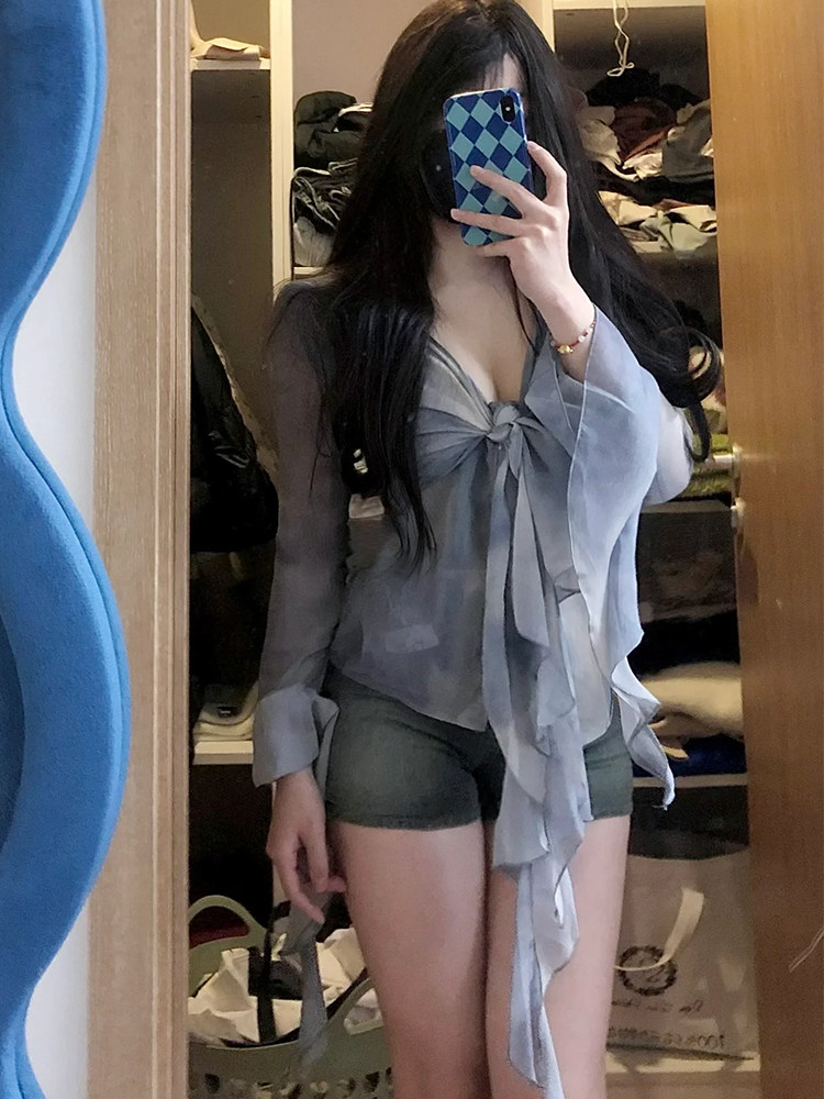 대형 지방 MM 그라데이션 타이 염색 러플 리본 벨 슬리브 셔츠 V 넥 2024 가을 긴팔 쉬폰 셔츠 탑