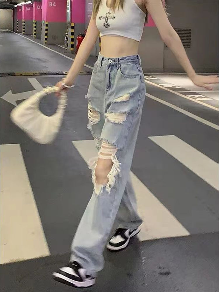 플러스 사이즈 지방 MM 블루 하이 웨이스트 찢어진 트렌드 패션 청바지 새로운 봄 캐주얼 연령 감소 다용도 긴 바지