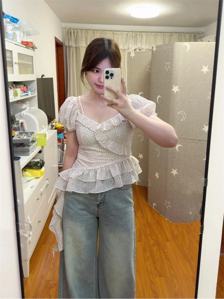 플러스 사이즈 지방 MM 여름 패션 새로운 불규칙한 프릴 반팔 여성의 살을 덮는 물방울 무늬 디자인 짧은 셔츠