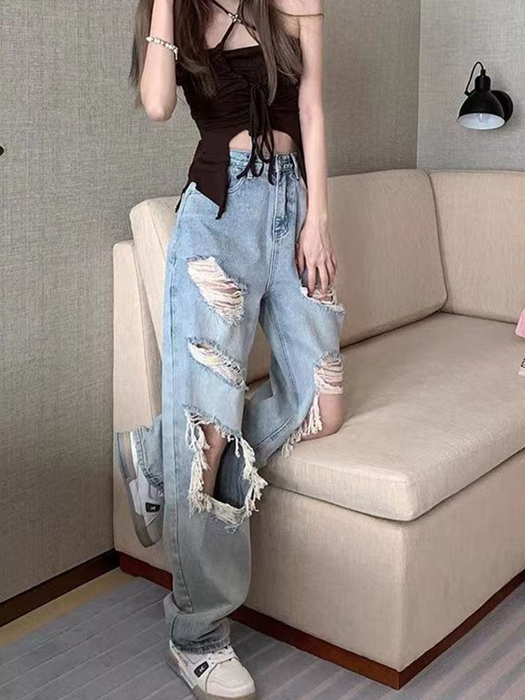 플러스 사이즈 지방 MM 블루 하이 웨이스트 찢어진 트렌드 패션 청바지 새로운 봄 캐주얼 연령 감소 다용도 긴 바지