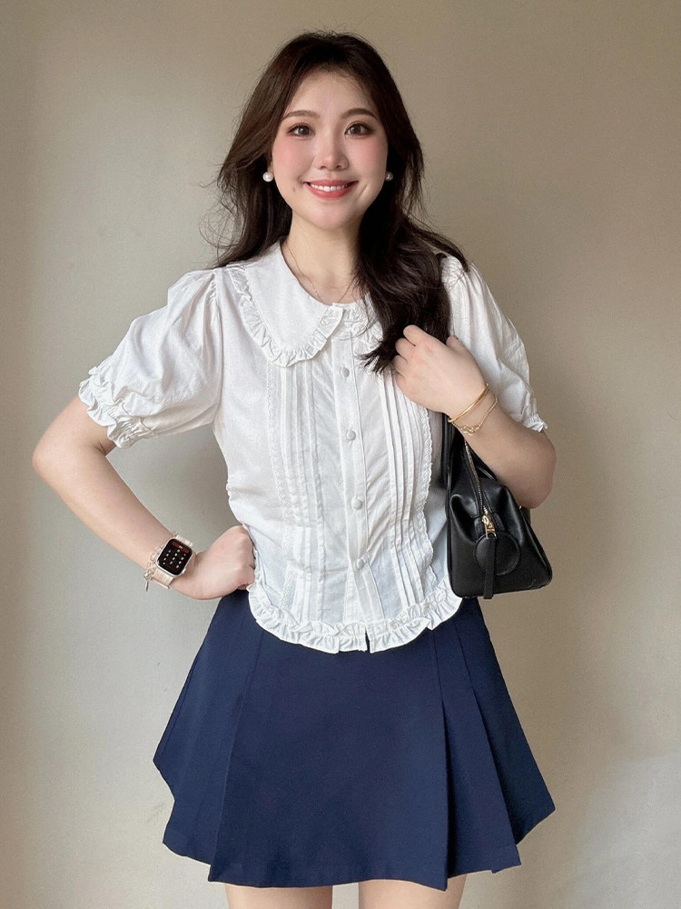 플러스 사이즈 지방 MM 여름 짧은 흰색 인형 칼라 반팔 셔츠 2024 새로운 틈새 프렌치 퍼프 슬리브 탑