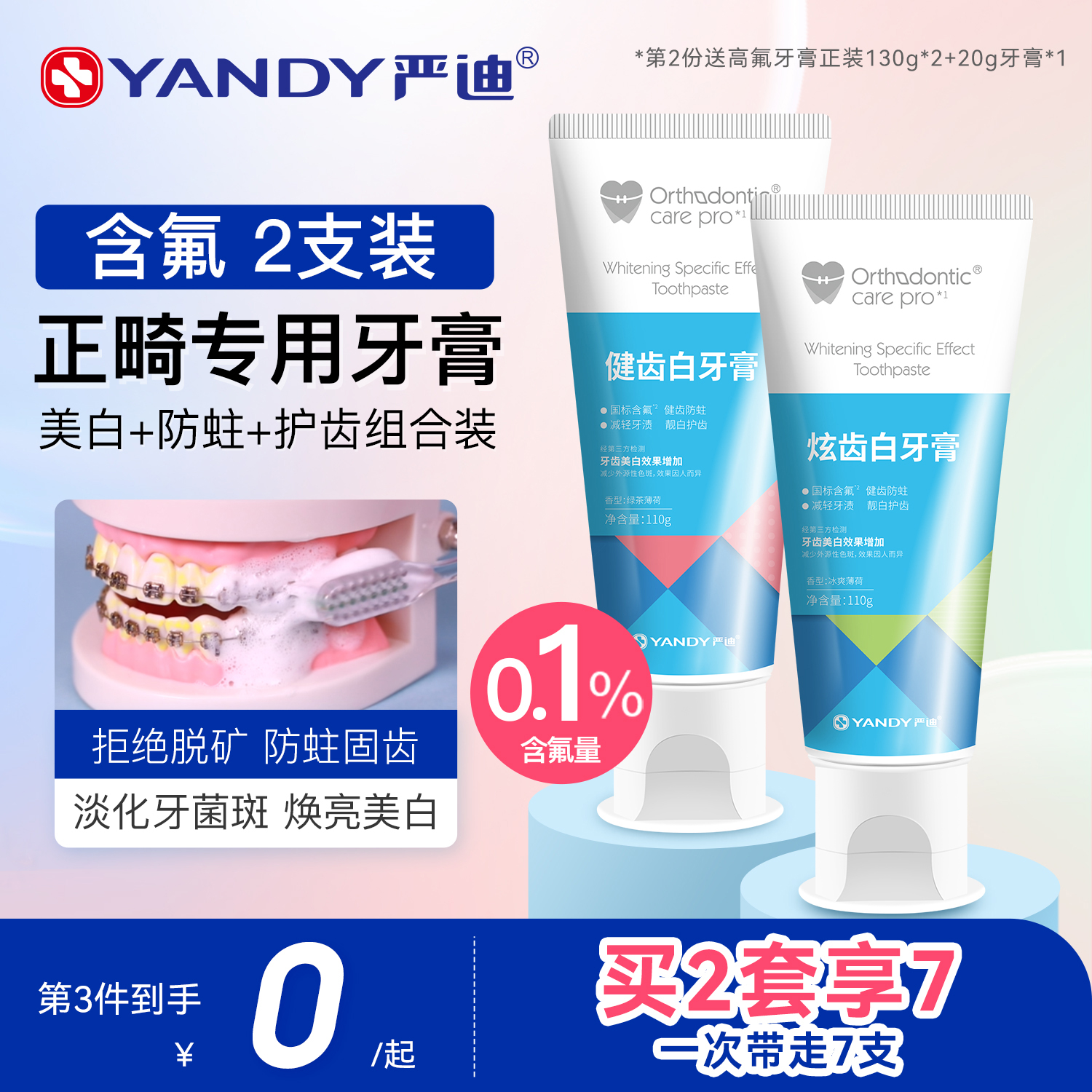 严迪含氟正畸专用防蛀牙膏2支