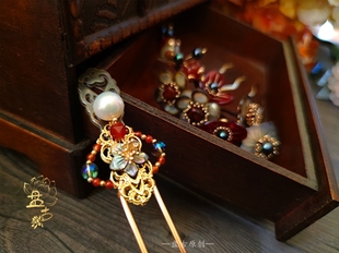 盘古原创孤品暗黑风格珍珠蝶贝盘发发簪古风汉服旗袍黑红搭配发饰