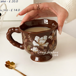 复古田园风陶瓷马克杯家用下午茶杯咖啡杯女士高颜值拿铁杯牛奶杯