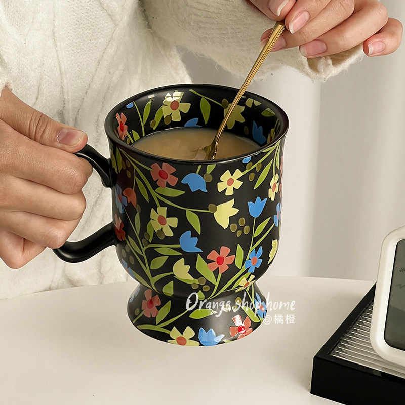 复古大容量陶瓷马克杯家用喝水杯女士高颜值咖啡拿铁杯高级感轻奢