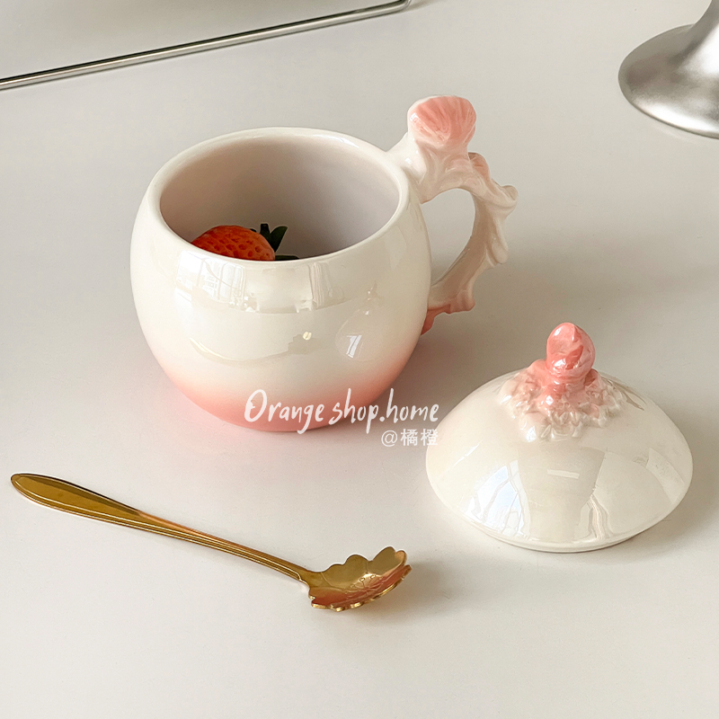 梦幻贝壳陶瓷马克杯家用喝水杯子女士高颜值带盖带勺咖啡杯拿铁杯