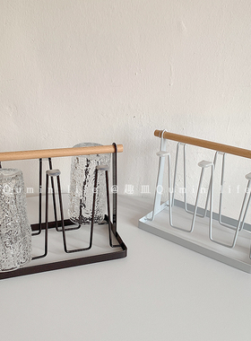 高颜值ins风白色铁艺杯架木柄置物架收纳挂架简约家用水杯沥水架