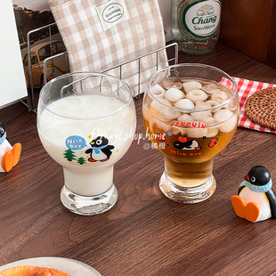 橘橙可爱卡通企鹅玻璃杯高颜值啤酒杯喝水杯子情侣杯果汁饮料杯