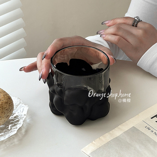 磨砂黑玻璃喝水杯子家用饮料果汁杯威士忌酒杯创意小众美式咖啡杯