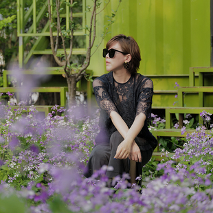 不规则拼接上装 蕾丝五分袖 圆领简约直筒上衣女夏T135 日逢夏杪