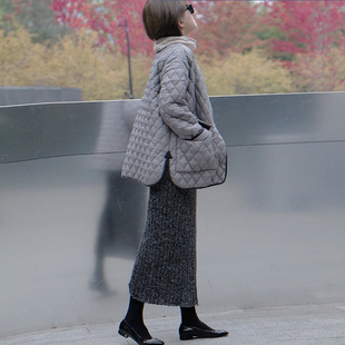 【非黑非白】黑桃园细条绒包边单排扣丝绵绗缝菱形格软棉服女 C17