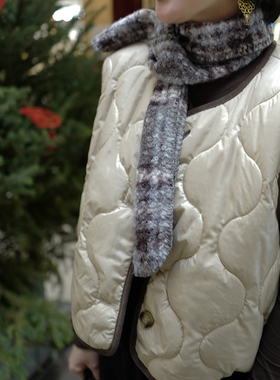 【雪人】黑桃园千鸟格Z字装饰线小卷毛窄围巾简约保暖围脖女冬A48