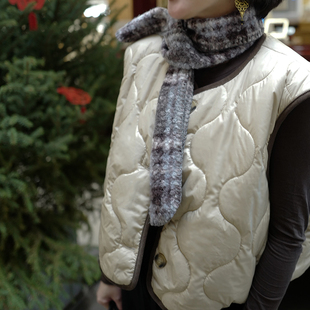 【雪人】黑桃园千鸟格Z字装饰线小卷毛窄围巾简约保暖围脖女冬A48