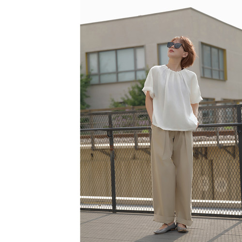 黑桃园五分袖天丝麻简约T恤女