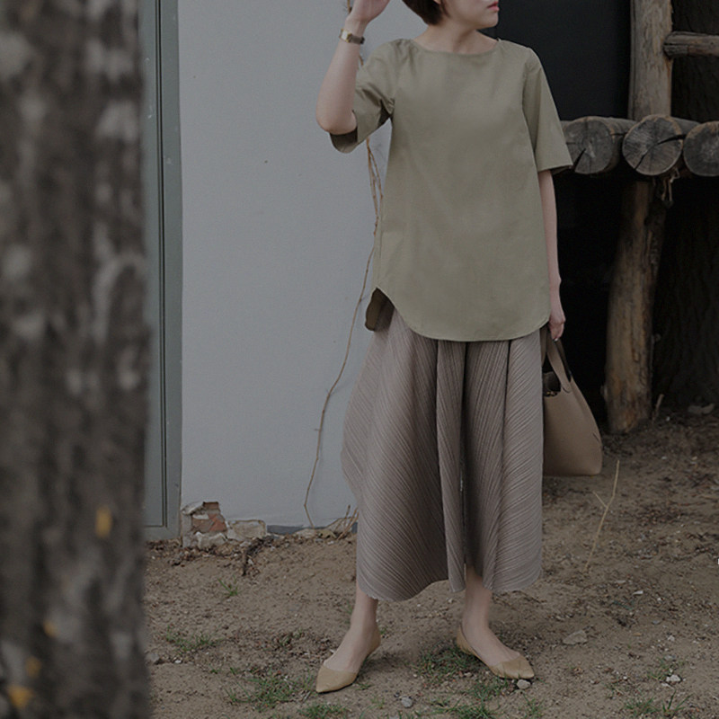 【情绪自愈】 后褶皱弧线下摆圆领衬衫简约文艺纯色t恤女夏 t167