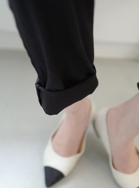 【颂】黑色背带裤正反两穿圆领裤子简约棉麻显瘦带腰带连体裤P44