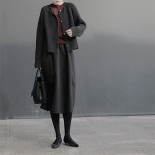 显瘦长袖 黑桃园全棉暗灰色复古感奶奶风针织开衫 毛衣T270 短序