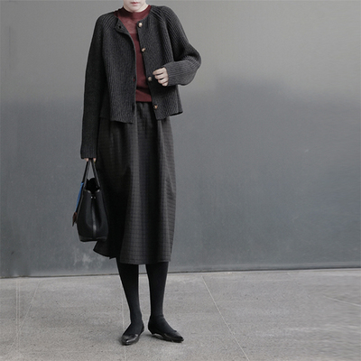 【短序】黑桃园全棉暗灰色复古感奶奶风针织开衫显瘦长袖毛衣T270