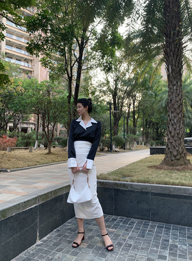 2023春夏三醋酸复古赫本风西装领长袖衬衫宽松直筒港味上衣套装女