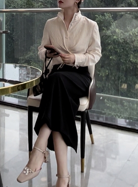 2023秋冬新中式国风气质盘扣白衬衫长袖立领系带褶皱上衣套装女