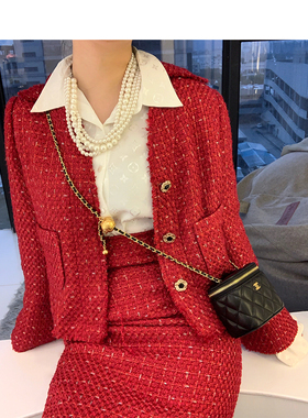2023年秋冬轻奢高端名媛红色小香风粗花呢套装长袖外套修身半裙女