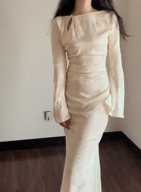 复古名媛气质新中式长袖轻奢修身收腰包臀性感晚礼服小众连衣长裙