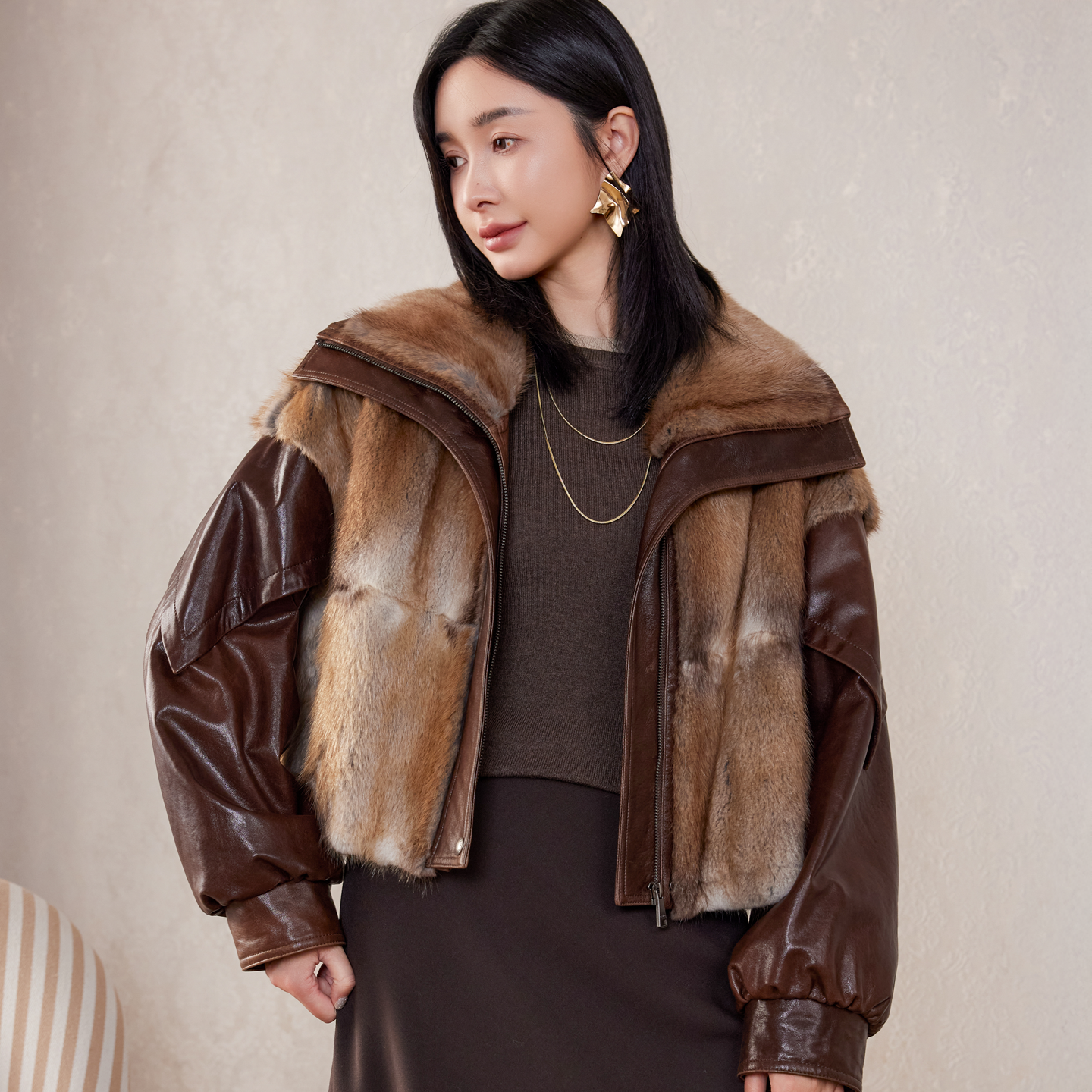 海宁皮草外套女2025新款青根貂拼接绵羊皮翻领 真皮加厚保暖皮衣