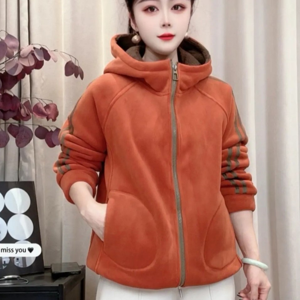 冬季新款时尚拼条加绒加厚连帽外套休闲保暖妈妈装运动开衫上衣女