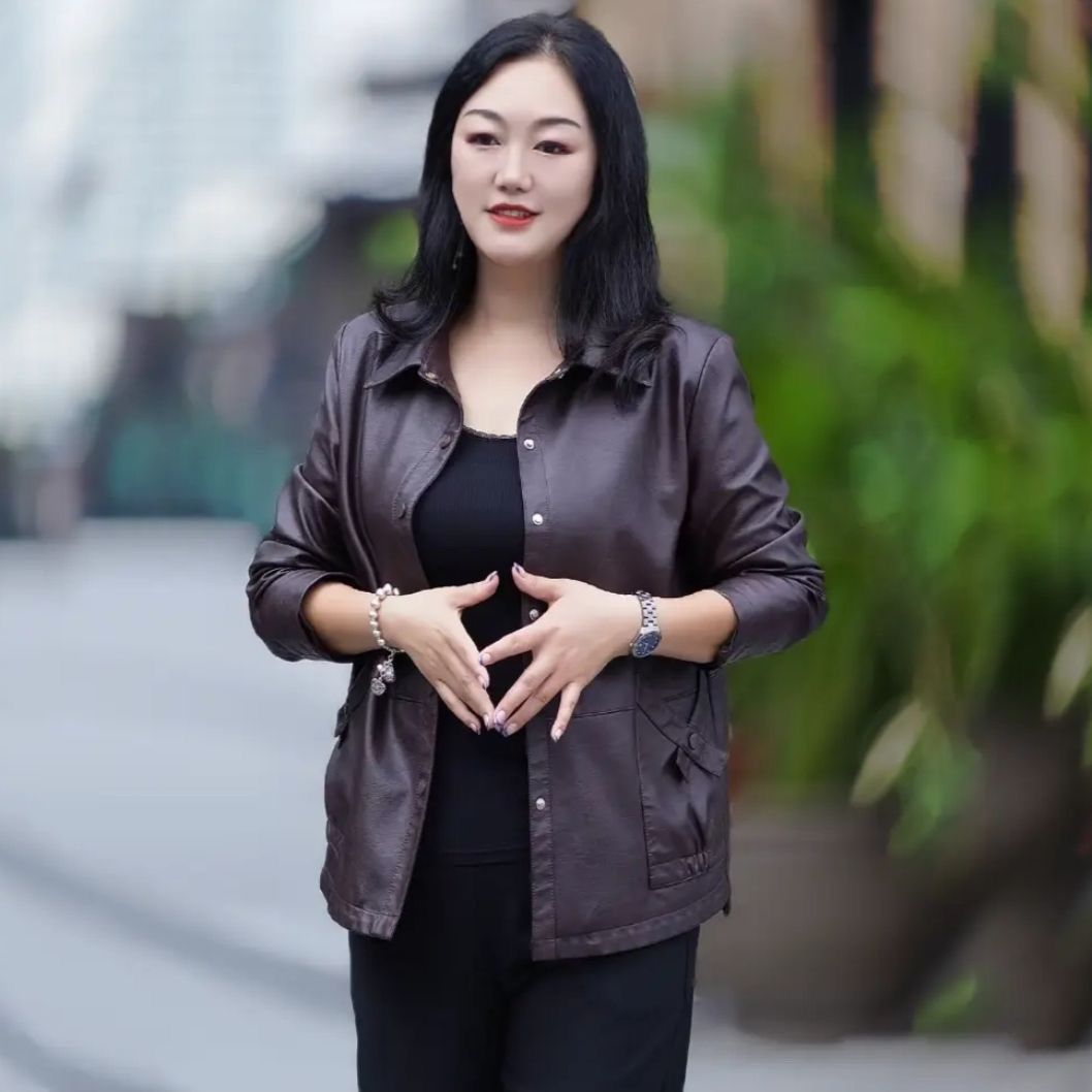 休闲女士大码皮衣加棉外套秋冬新款高品质妈妈装百搭宽松软皮上衣
