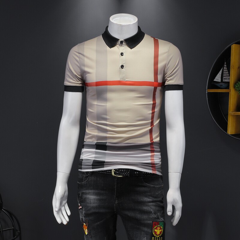 2024新款欧洲站格子丝光棉短袖Polo衫钱塘6016-9254P65假模杏色，男装Polo衫，钱塘6016