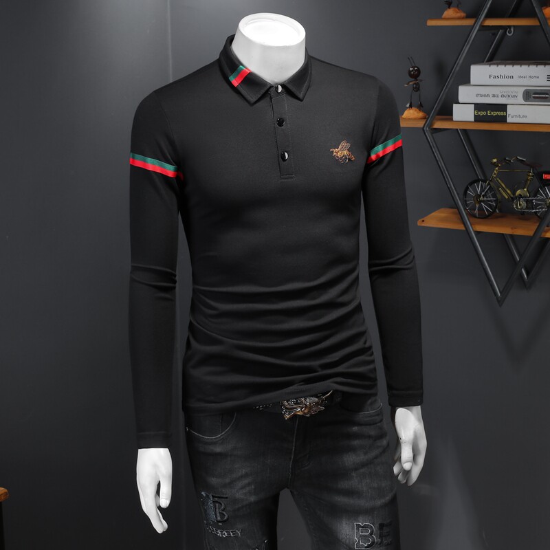 新款春季长袖打底衫男T恤翻领polo衫6016-E2931-P85黑色,男装Polo衫,钱塘6016