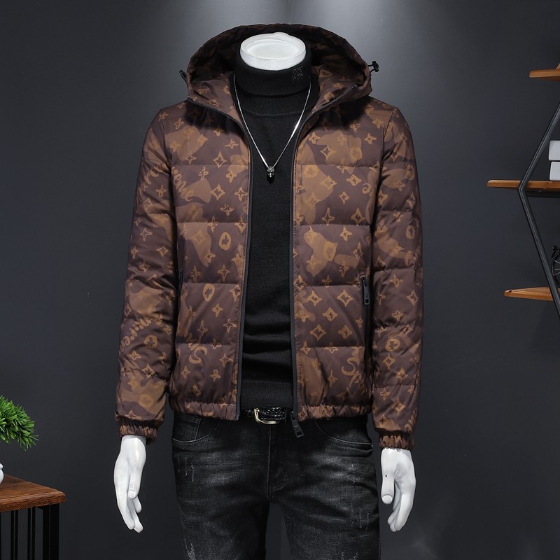 2024新款连帽羽绒服格子印花90白鸭绒外钱塘6016-F5056-P290咖啡，男装羽绒服，钱塘6016