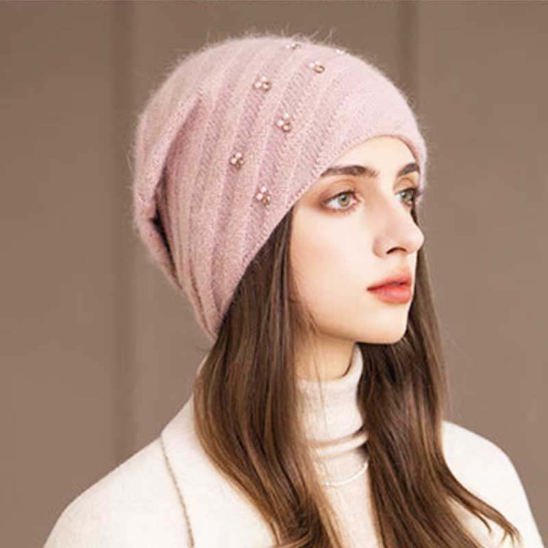 毛线帽女显脸小高级感堆堆帽薄款订珠秋冬护耳防风针织帽韩版粉色,服饰配件/皮带/帽子/围巾,帽子,淘宝优惠券,粉丝福利购,淘宝优惠卷