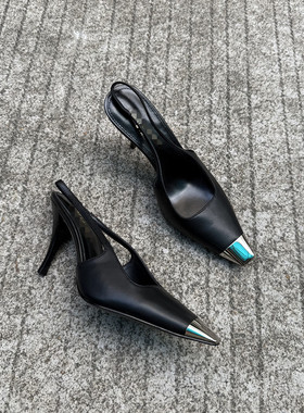 朴彩英同款高跟鞋女2025春新款漆皮高级感金属方头黑色细跟包头鞋