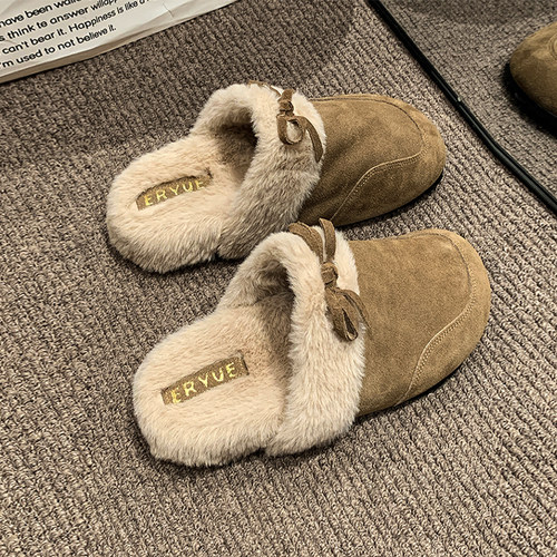 复古勃肯拖鞋女秋冬外穿2024新款加绒保暖蝴蝶结包头半拖毛毛鞋棉