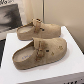 牛反绒外穿一脚蹬博肯包头拖鞋 新款 女春秋季 复古内增高勃肯半拖鞋