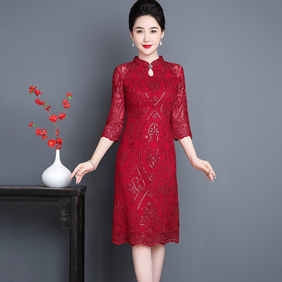 旗袍女中年妈妈高级感重工连衣裙