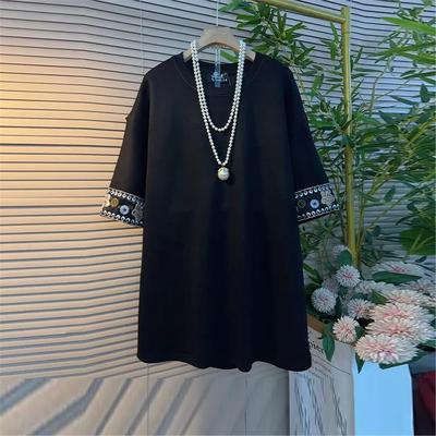 大码女装拼花纹袖口圆领上衣宽松遮肚子胖妹妹2026新款简约T恤衫