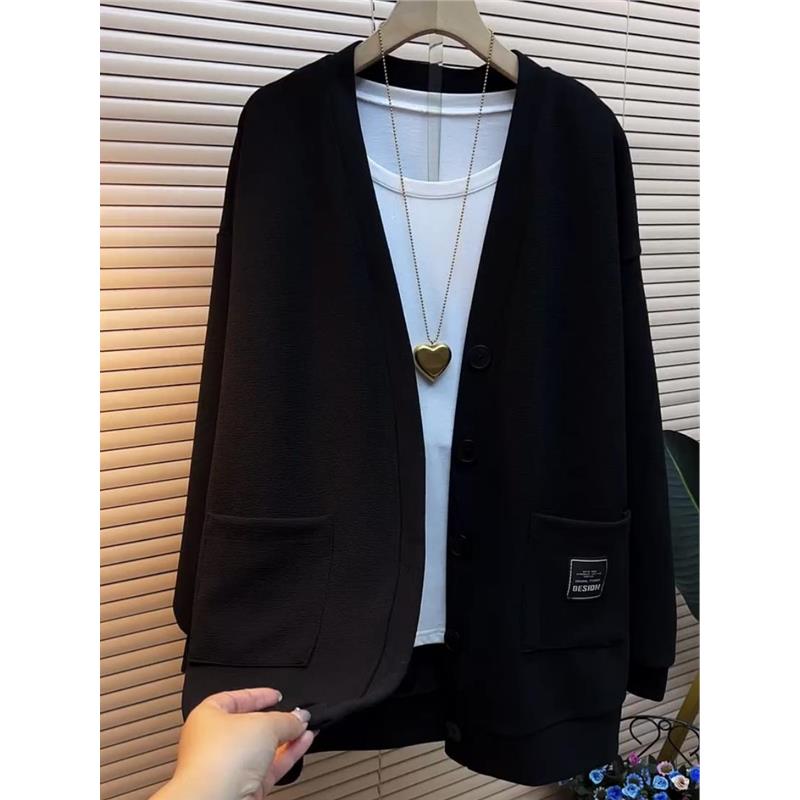 大码女装2025春季新款黑色开衫外套女显瘦胖mm胖妹妹宽松休闲百搭