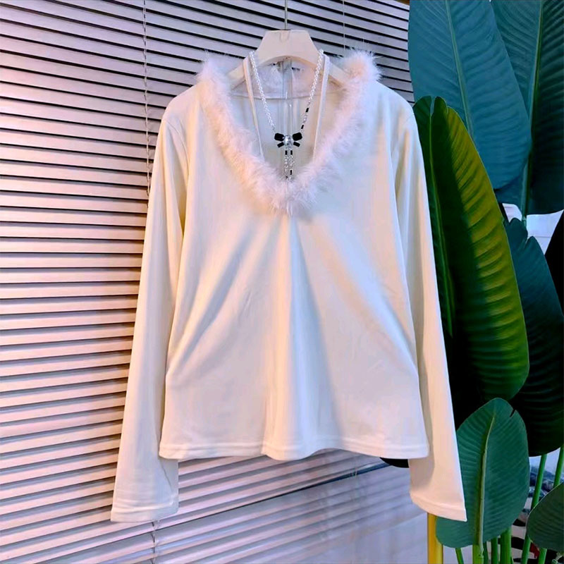 欧版纯色简约打底衫胖妹妹大码女装冬季新款拼接毛毛领百搭上衣女