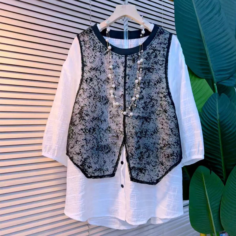 大码女装夏季新款时尚短袖女人衫韩版圆领拼接蕾丝假两件T恤衫潮