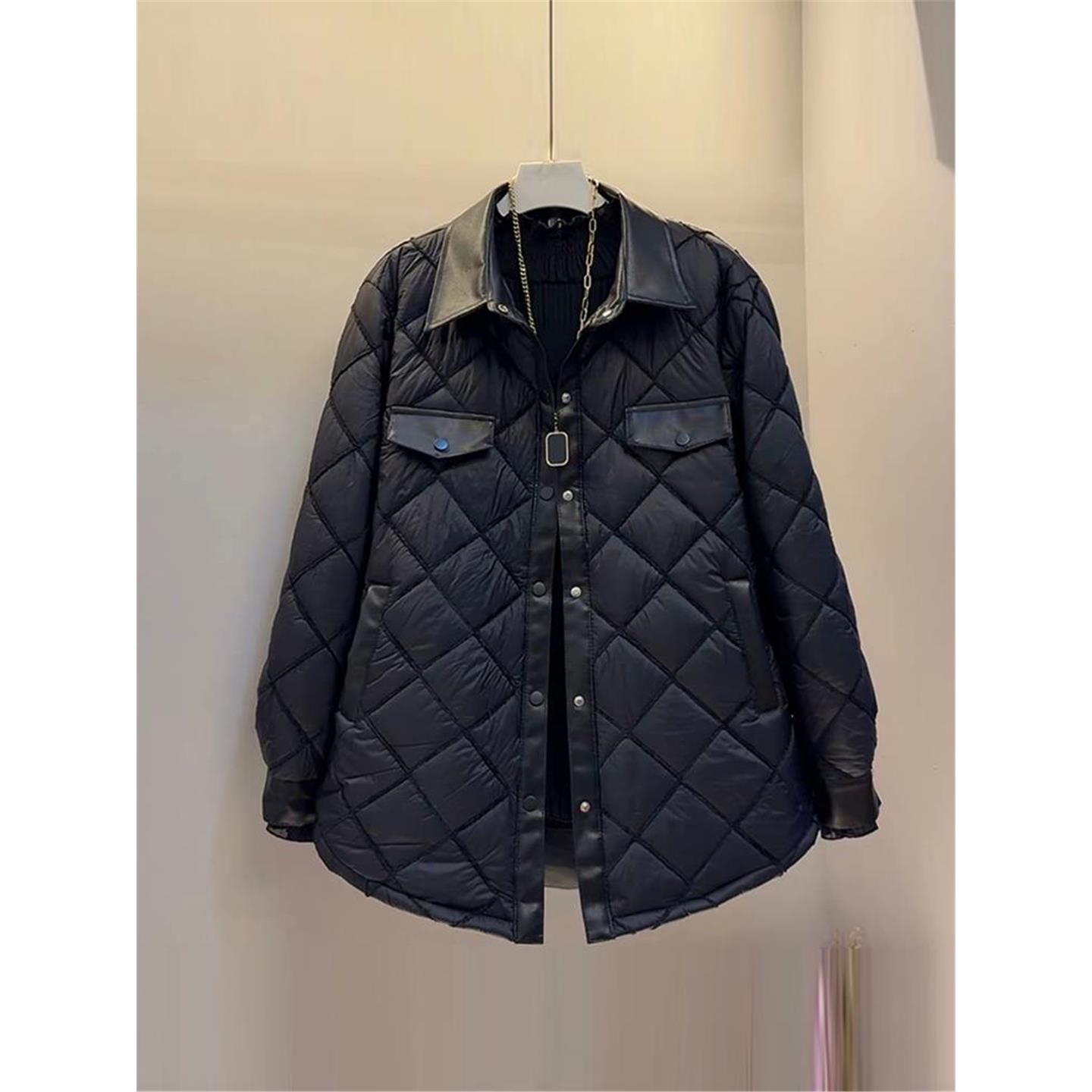 加肥胖M拼皮翻领长袖菱形