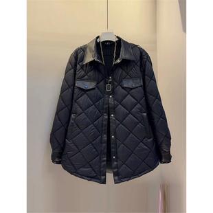 菱形格棉服大码 开衫 女装 款 百搭休闲外套 冬季 加肥胖MM拼皮翻领长袖