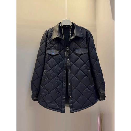 加肥胖M拼皮翻领长袖菱形