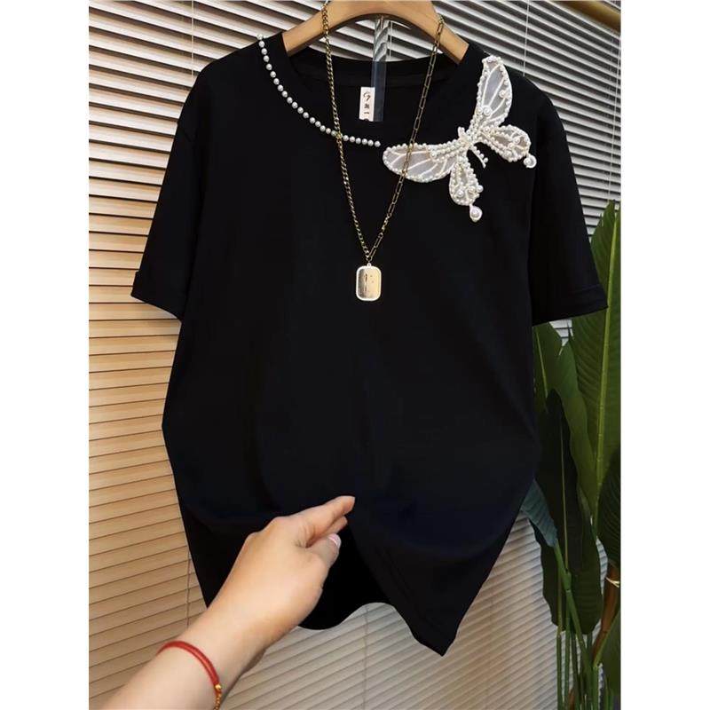 大码女装2025夏季新款短袖t恤女黑色圆领半袖胖mm胖妹妹显瘦钉珠