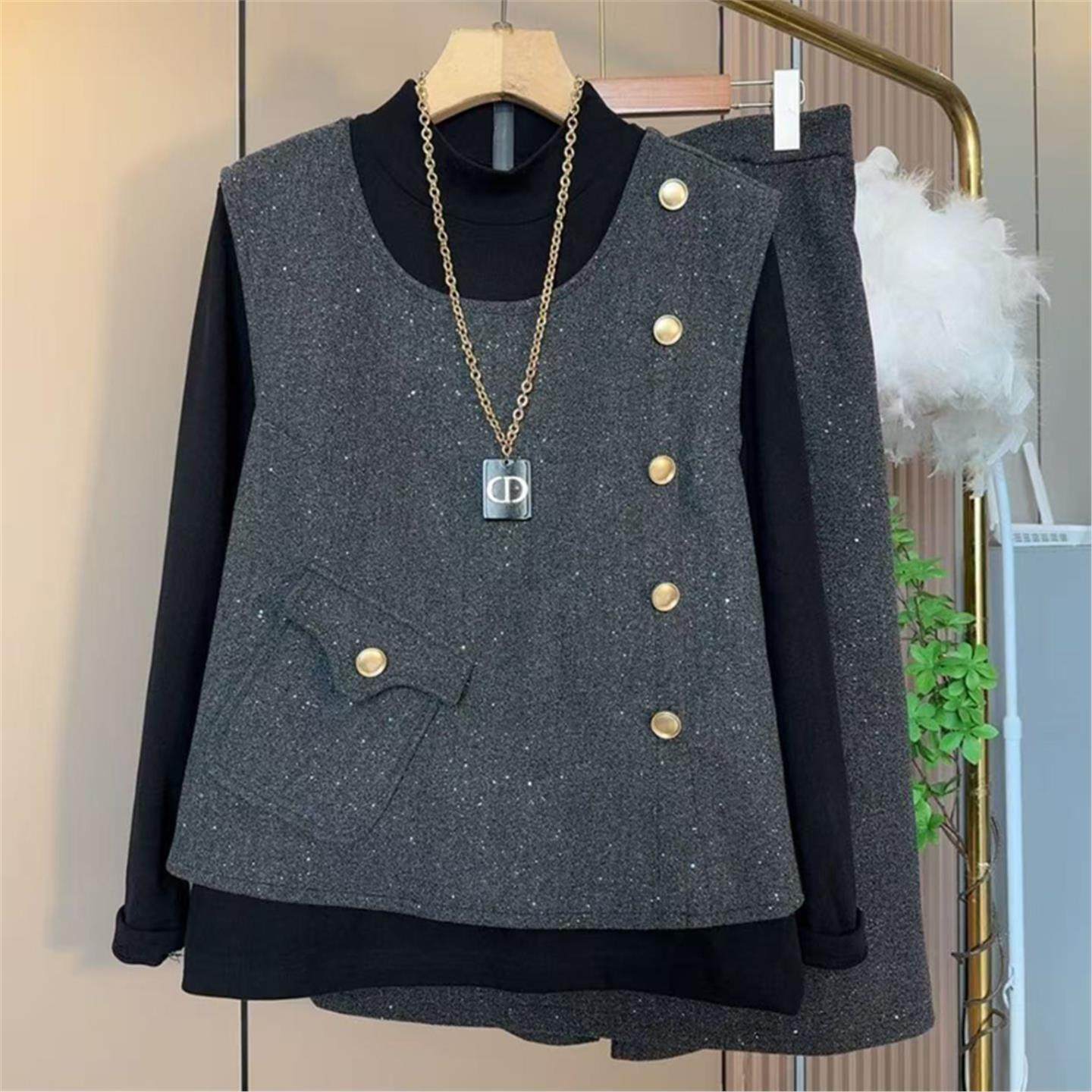 大码女装秋冬新款时尚套装女韩版洋气亮片马甲打底衫半身裙三件套,女装/女士精品,大码套装,淘宝优惠券,粉丝福利购,淘宝优惠卷